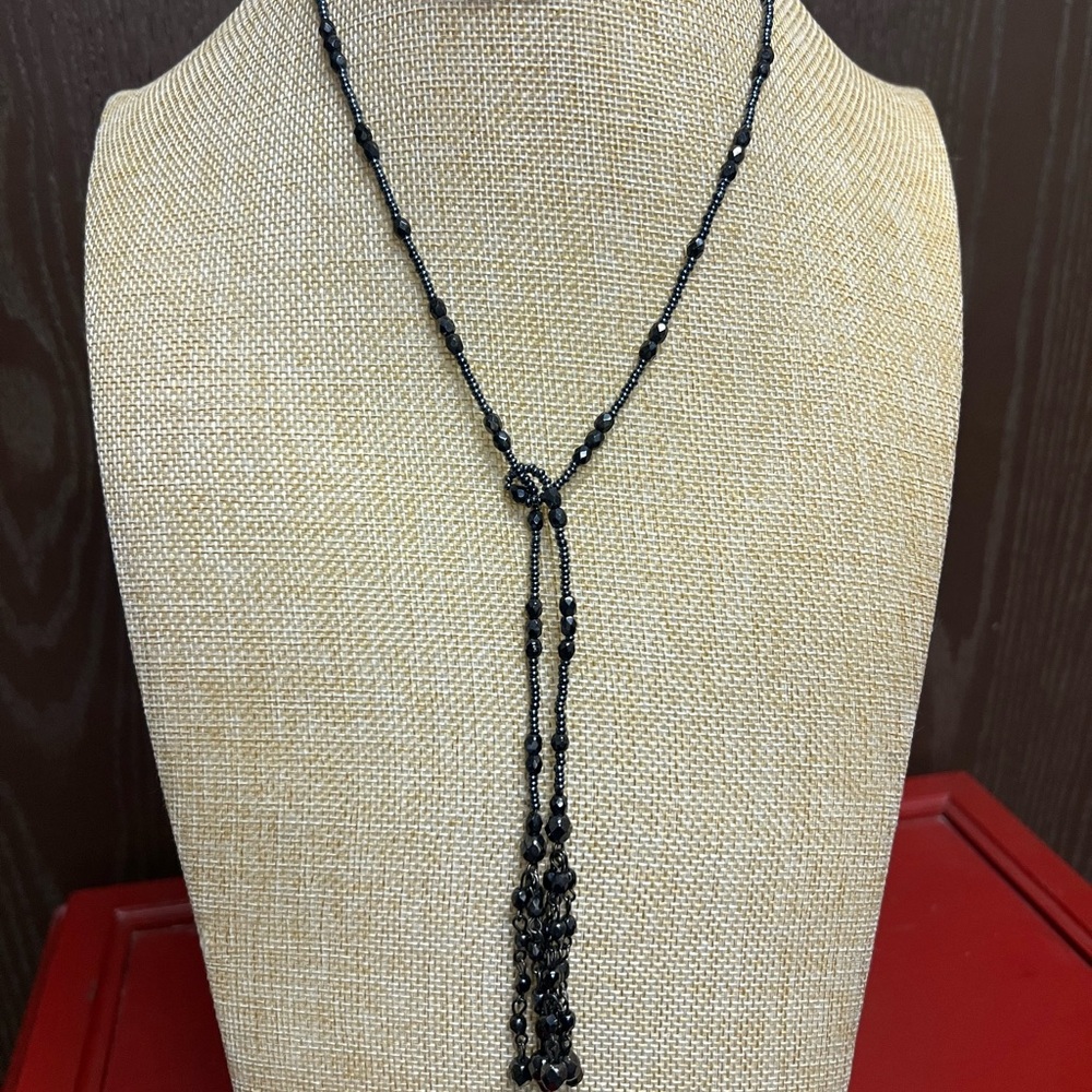 Black Beaded Lariat Necklace Minimalist Jewelry